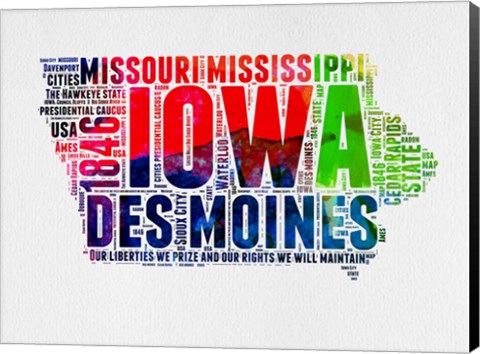 Framed Iowa Watercolor Word Cloud Print