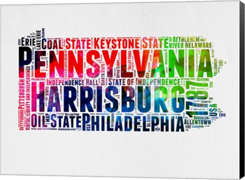 Framed Pennsylvania Watercolor Word Cloud Print