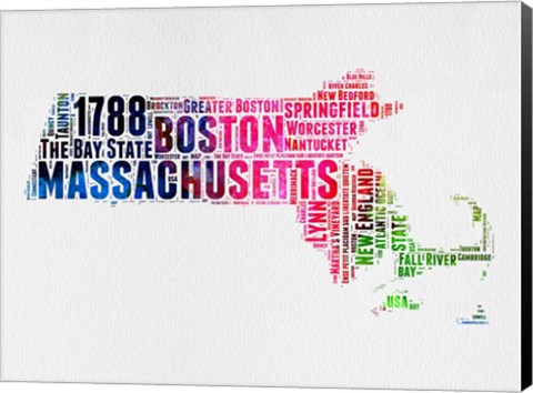 Framed Massachusetts Watercolor Word Cloud Print