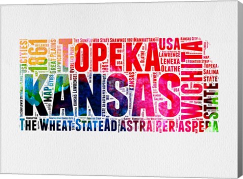 Framed Kansas Watercolor Word Cloud Print