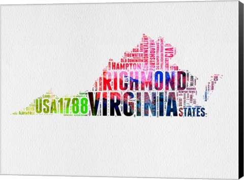 Framed Virginia Watercolor Word Cloud Print