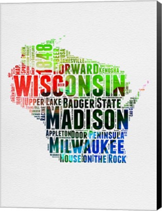 Framed Wisconsin Watercolor Word Cloud Print