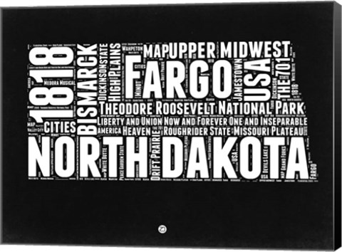 Framed North Dakota Black and White Map Print