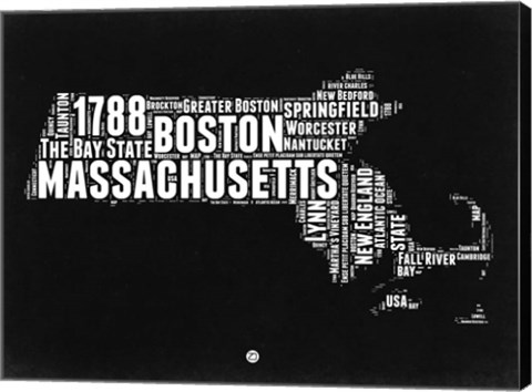 Framed Massachusetts Black and White Map Print