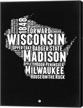 Framed Wisconsin Black and White Map Print