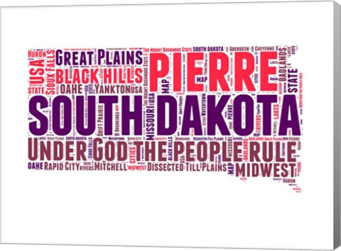 Framed South Dakota Word Cloud Map Print