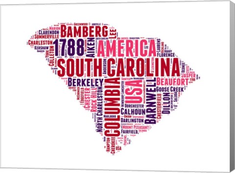 Framed South Carolina Word Cloud Map Print