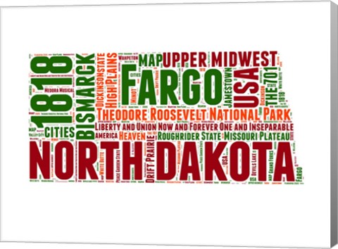 Framed North Dakota Word Cloud Map Print