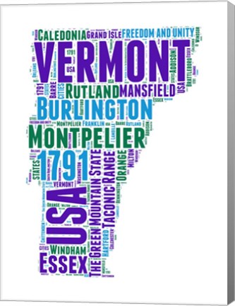 Framed Vermont Word Cloud Map Print