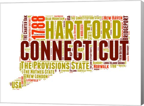 Framed Connecticut Word Cloud Map Print