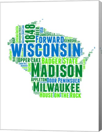 Framed Wisconsin Word Cloud Map Print