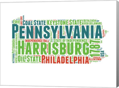 Framed Pennsylvania Word Cloud Map Print