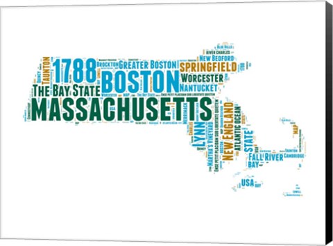 Framed Massachusetts Word Cloud Map Print