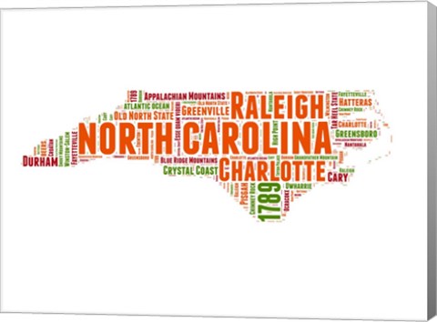 Framed North Carolina Word Cloud Map Print