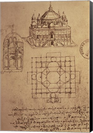 Framed Sketch of a Square Church with Central Dome &amp; Minaret Print