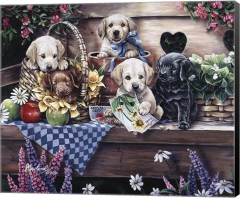 Framed Five Puppies Print