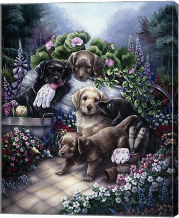 Framed Gardening Puppies Print