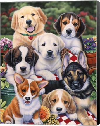 Framed Garden Puppies Print