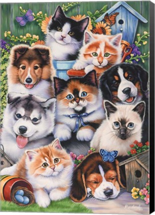 Framed Kittens &amp; Puppies In The Garden Print