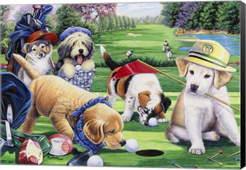 Framed Golfing Puppies Print