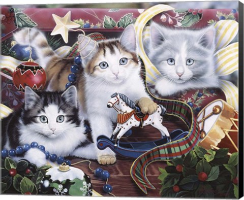Framed Christmas Kittens And All The Trim&#39;Ns Print