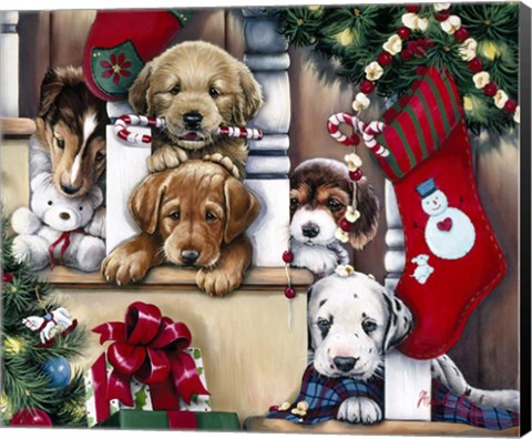 Framed Christmas Puppies On The Loose Print