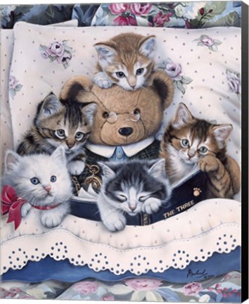 Framed Kittens And Teddy Bear Print