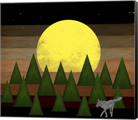 Framed Nighttime In The Forest With Wolf Print