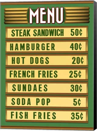 Framed Green Burger Joint Menu Print