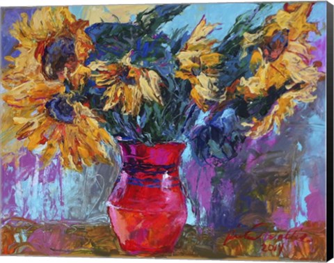 Framed Sunflowers In Red Vase Print