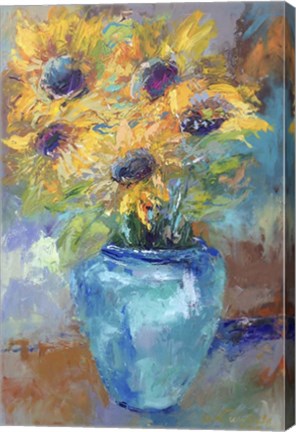 Framed Sunflowers With Light Blue Print