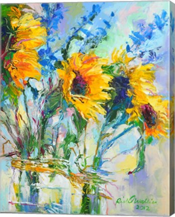 Framed Sunflowers In Glass Bottles Print