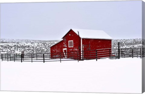 Framed Red Barn In Winter Print