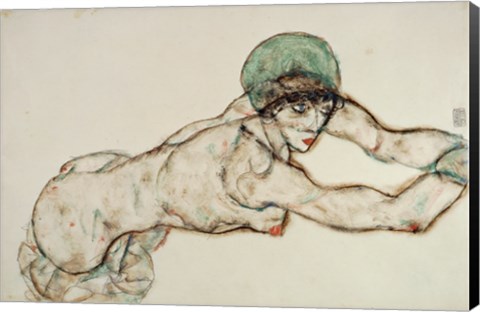 Framed Reclining Female Nude with Green Cap, Leaning to the Right, 1914 Print