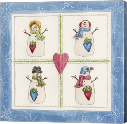 Framed Four Snowmen With Heart Pockets Print
