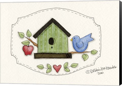 Framed Green Birdhouse With Bird Print