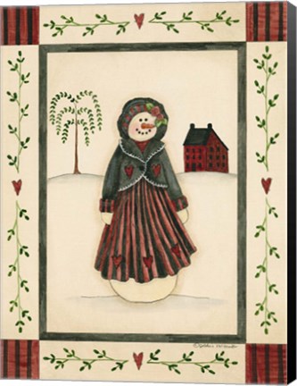 Framed Black &amp; Red Snowwoman With Red House Print