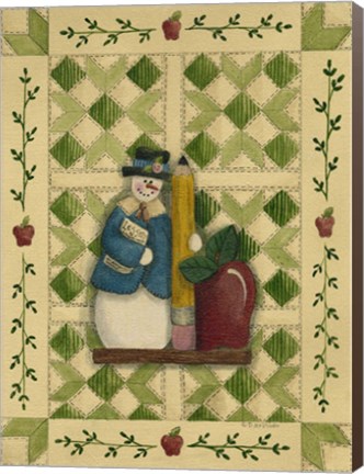 Framed Snowman Teacher With Apple &amp; Pencil Print