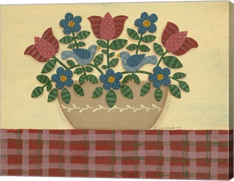 Framed Red &amp; Blue Flowers With Red Tablecloth Print