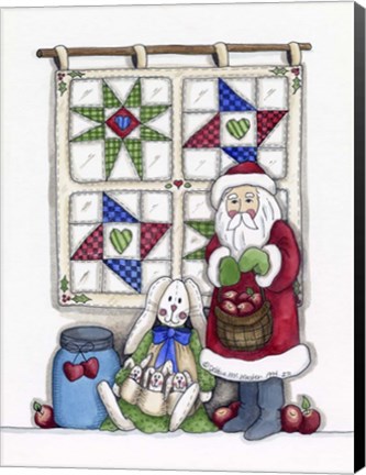 Framed Santa With Quilt &amp; Bunnies Print
