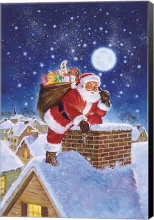 Framed Santa On Rooftop Print