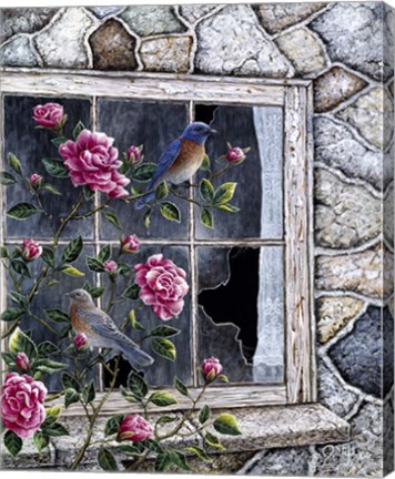 Framed Bluebirds In Window Print