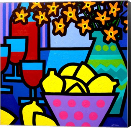 Framed Wine, Lemons and Flowers Print