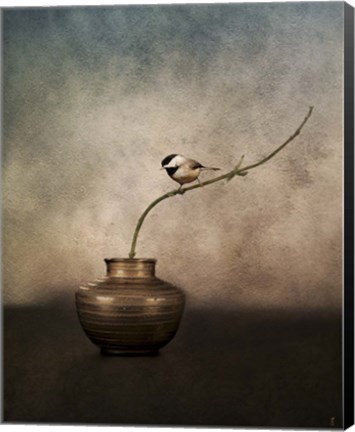 Framed Black Capped Chickadee On A Vase Print