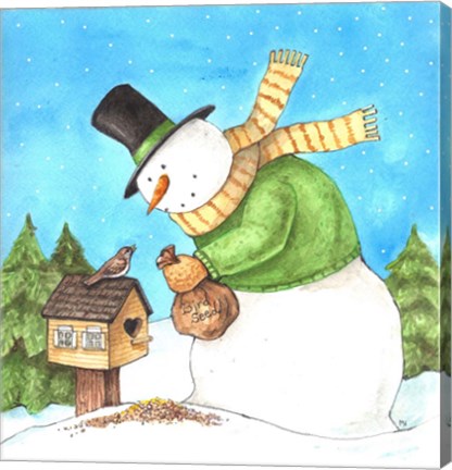 Framed Snowman Green Bird Print