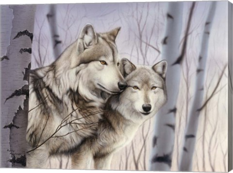 Framed Two Wolves In The Birches Print