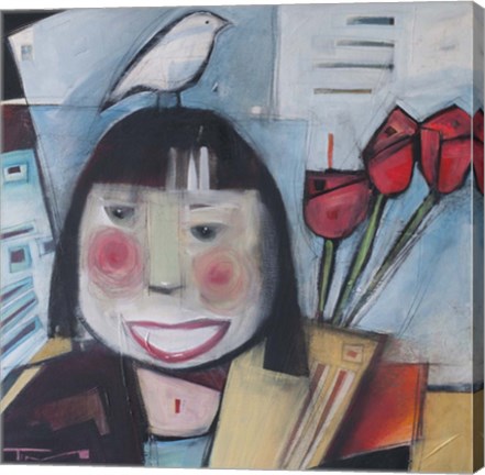 Framed Girl With Flowers And Bird Print