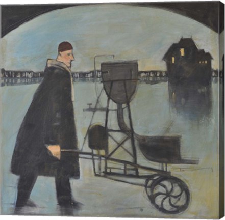 Framed Man Walking Machine On Beach 2 Print