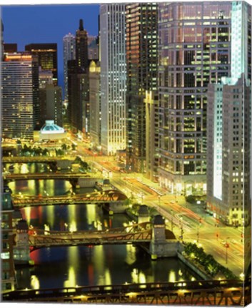 Framed Skyscrapers at Night, Chicago River, Illinois Print