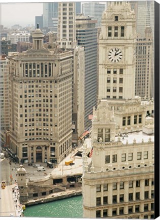 Framed Clock tower along a river, Wrigley Building, Chicago River, Chicago, Illinois, USA Print